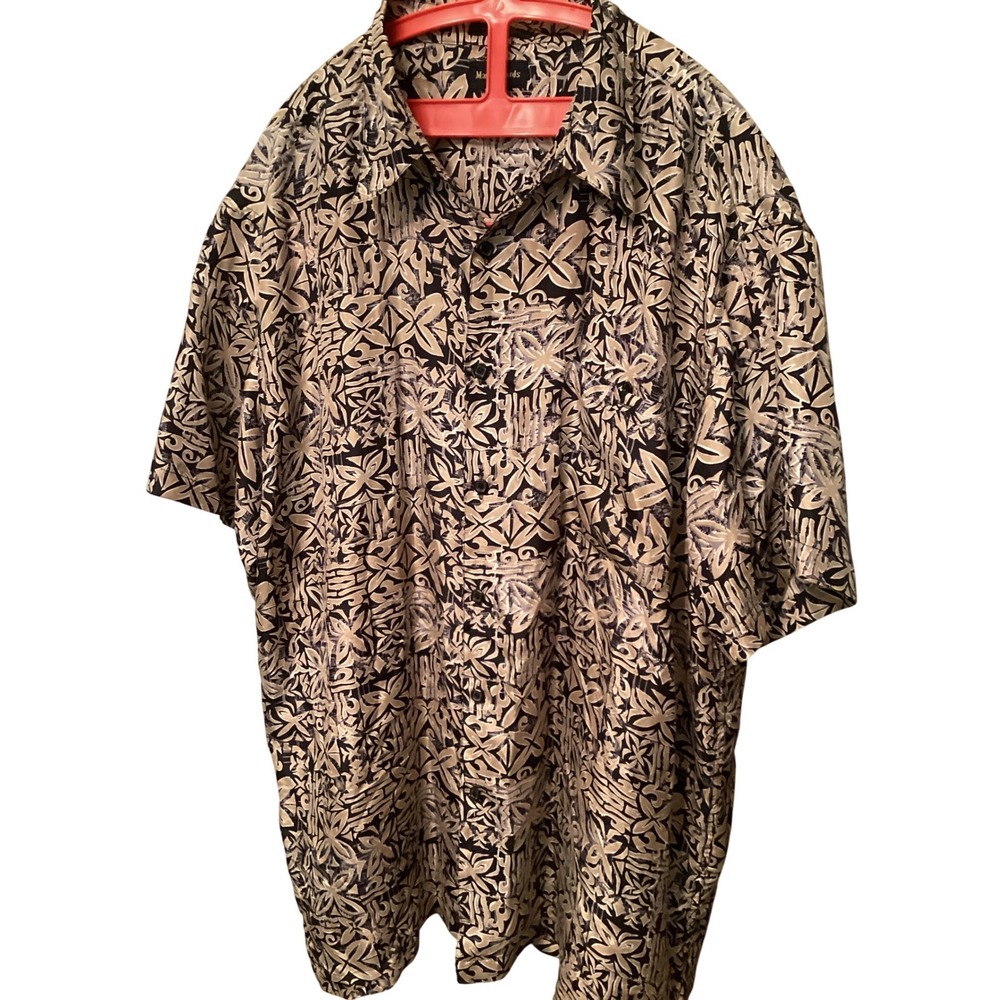 Marc Edwards Mens XXL 100% Silk Short Sleeve Button Up Shirt Abstract Print Tan